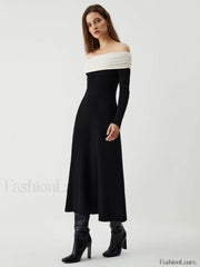 Patchwork Off Shoulder Long Modern Sleeve Long Sweater Dress Black / S Sweaters L