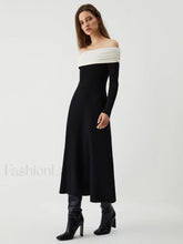 Patchwork Off Shoulder Long Modern Sleeve Long Sweater Dress Black / S Sweaters L