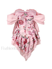 Patchwork Ruffle Bardot Floral Mini Dress Mini Dresses