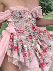 Patchwork Ruffle Bardot Floral Mini Dress Mini Dresses