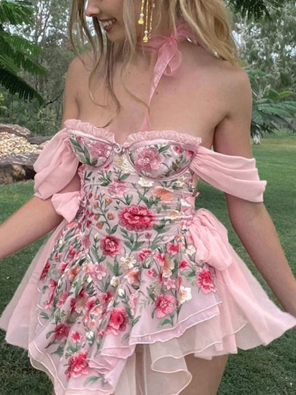 Patchwork Ruffle Bardot Floral Mini Dress Pink / S Mini Dresses