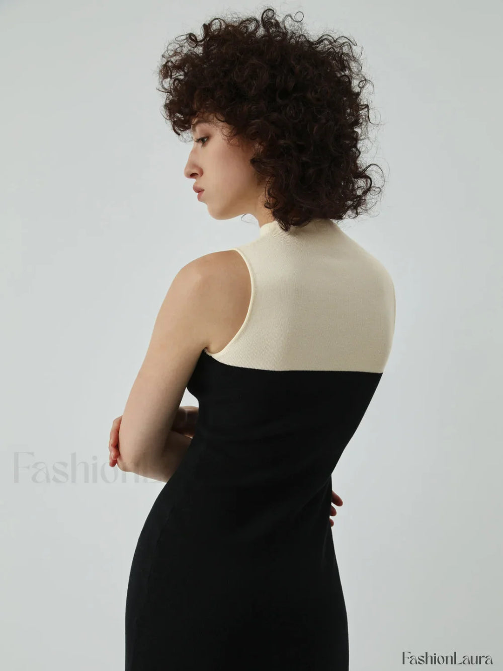 Patchwork Two Tone Mock Modern Neck Midi Sweater Dress Sweaters L