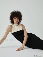 Patchwork Two Tone Mock Modern Neck Midi Sweater Dress Sweaters L