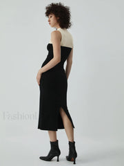 Patchwork Two Tone Mock Modern Neck Midi Sweater Dress Sweaters L