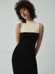 Patchwork Two Tone Mock Modern Neck Midi Sweater Dress Sweaters L