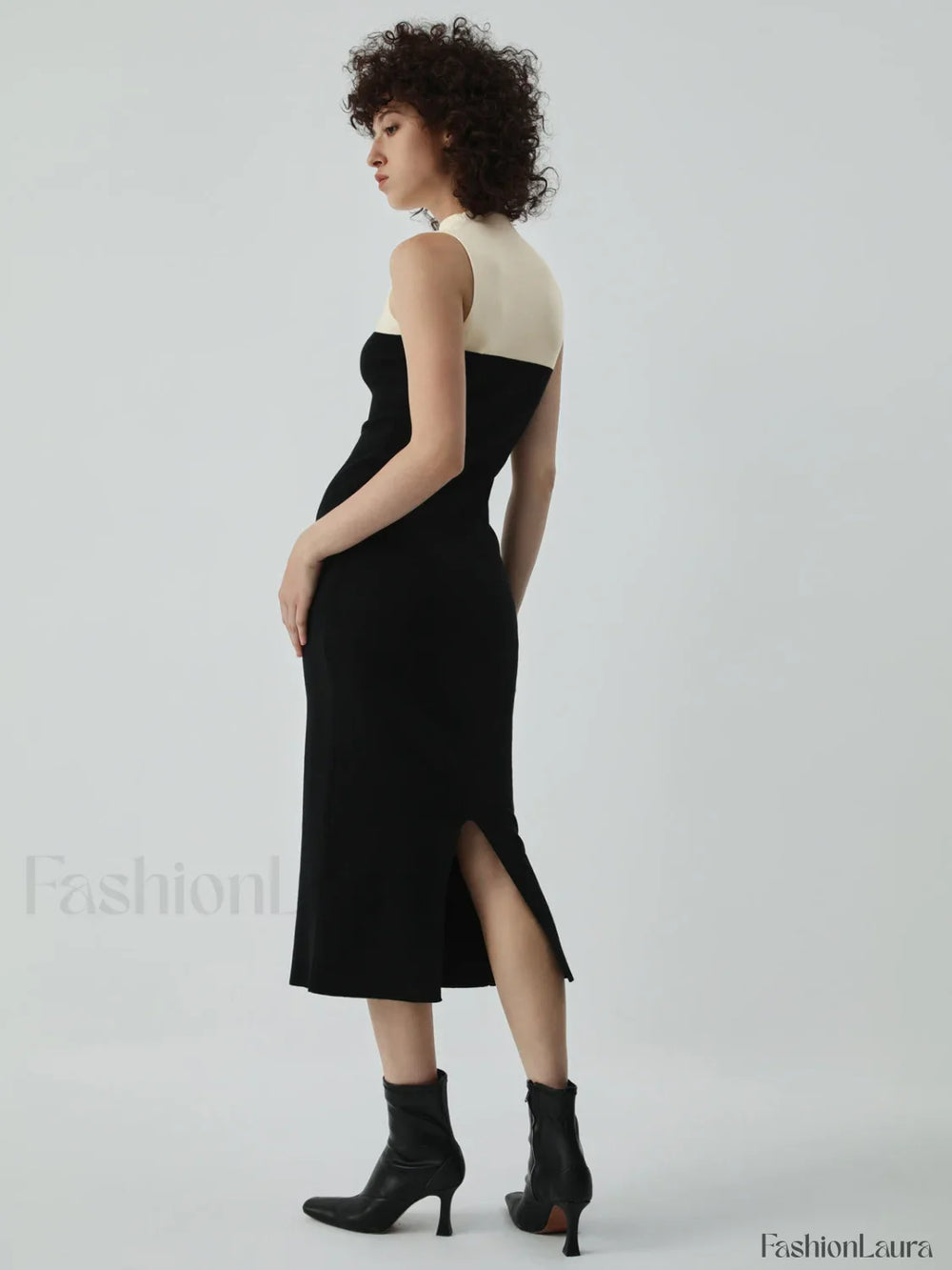 Patchwork Two Tone Mock Modern Neck Midi Sweater Dress Sweaters L