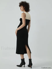 Patchwork Two Tone Mock Modern Neck Midi Sweater Dress Sweaters L