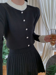 Pearl Beaded Contrast Trendy Trim Button Knit Top Sweaters L