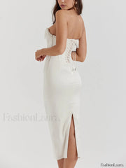 Pearl Decor Graceful Strapless Midi Dress Dresses