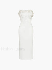 Pearl Decor Graceful Strapless Midi Dress Dresses