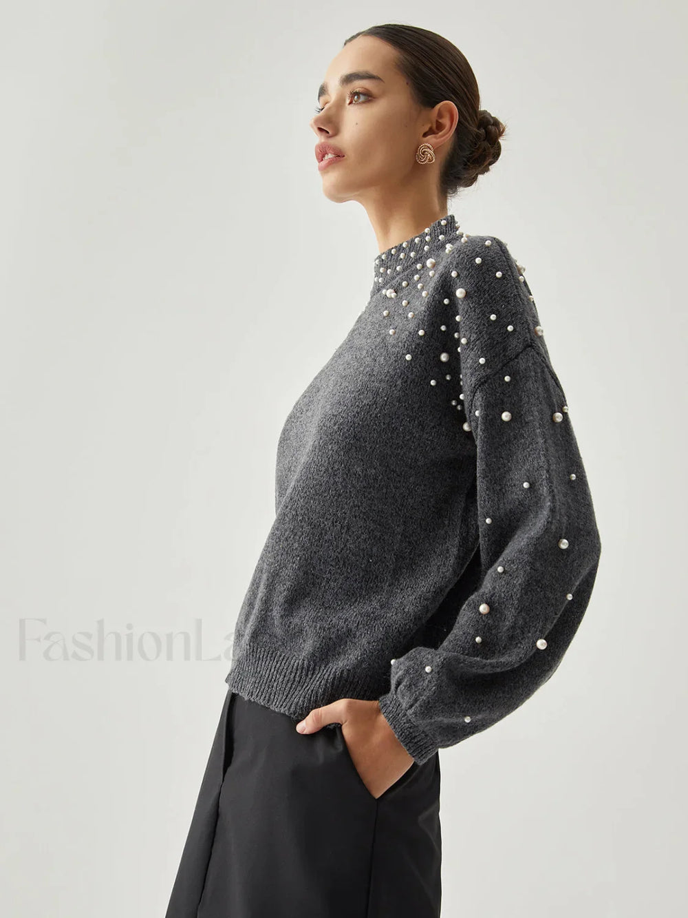 Pearl Embellished Graceful Mock Neck Sweater Sweaters L