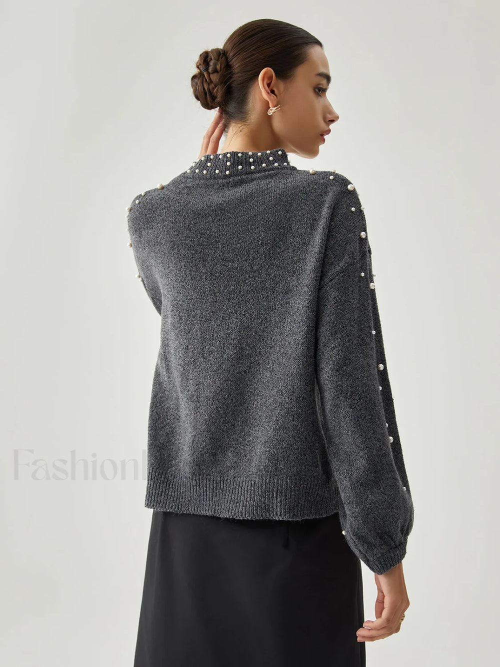 Pearl Embellished Graceful Mock Neck Sweater Sweaters L