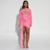Pink One Shoulder Mesh Mini Dress