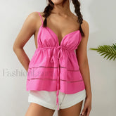 Pink Tie Hollow Boho Crop Top Pink / S