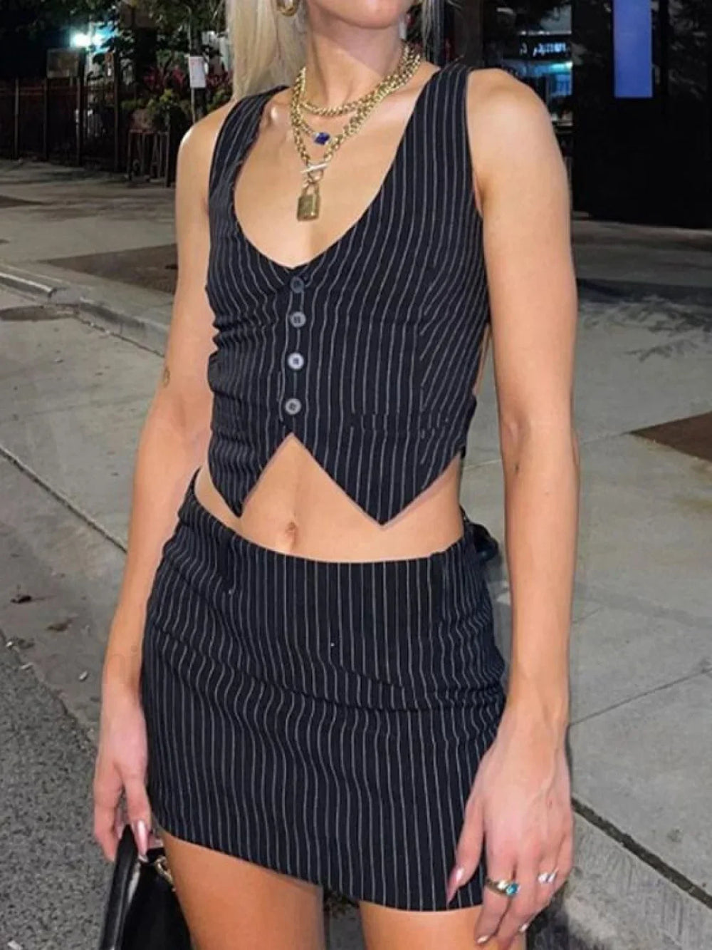 Pinstripe Detail Two Piece Set Black / S Two Piece Outfits