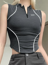 Piping Detail Half Zip Cropped Tank Top Gray / S Tops&Tees