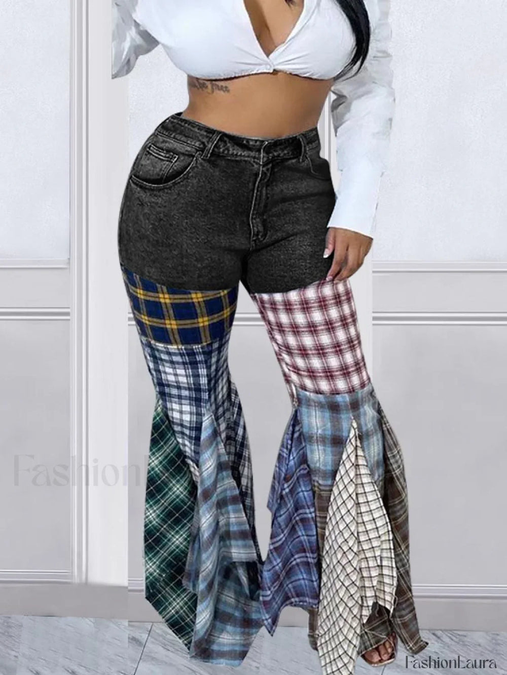 Plaid Patchwork Denim Jeans Jeans