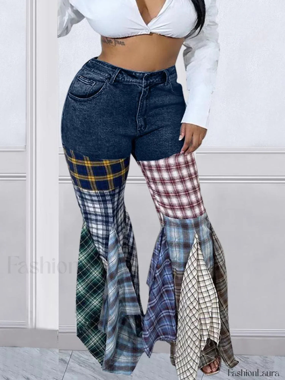 Plaid Patchwork Denim Jeans Jeans