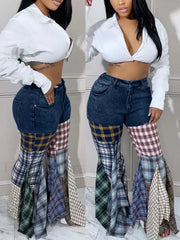 Plaid Patchwork Denim Jeans Navy Blue / S Jeans