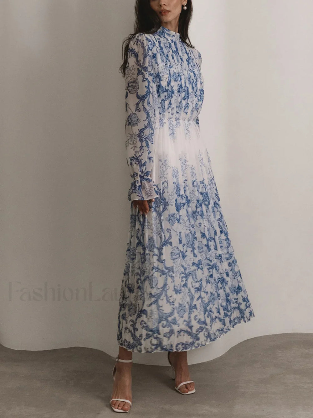 Plant Pattern Printed Trendy Pleated Long Dress Dresses