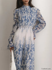 Plant Pattern Printed Trendy Pleated Long Dress Dresses