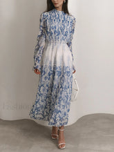 Plant Pattern Printed Trendy Pleated Long Dress LightBlue / XS Dresses
