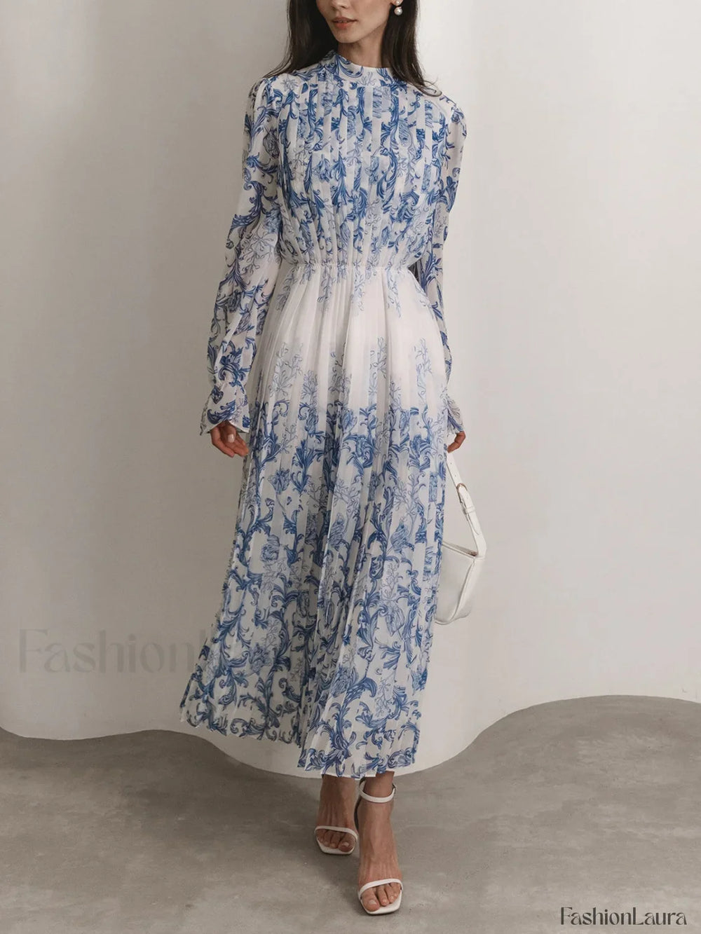 Plant Pattern Printed Trendy Pleated Long Dress LightBlue / XS Dresses