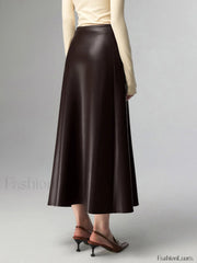 Pleated Faux Graceful Leather Midi Skirt Skirts