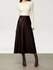 Pleated Faux Graceful Leather Midi Skirt Skirts