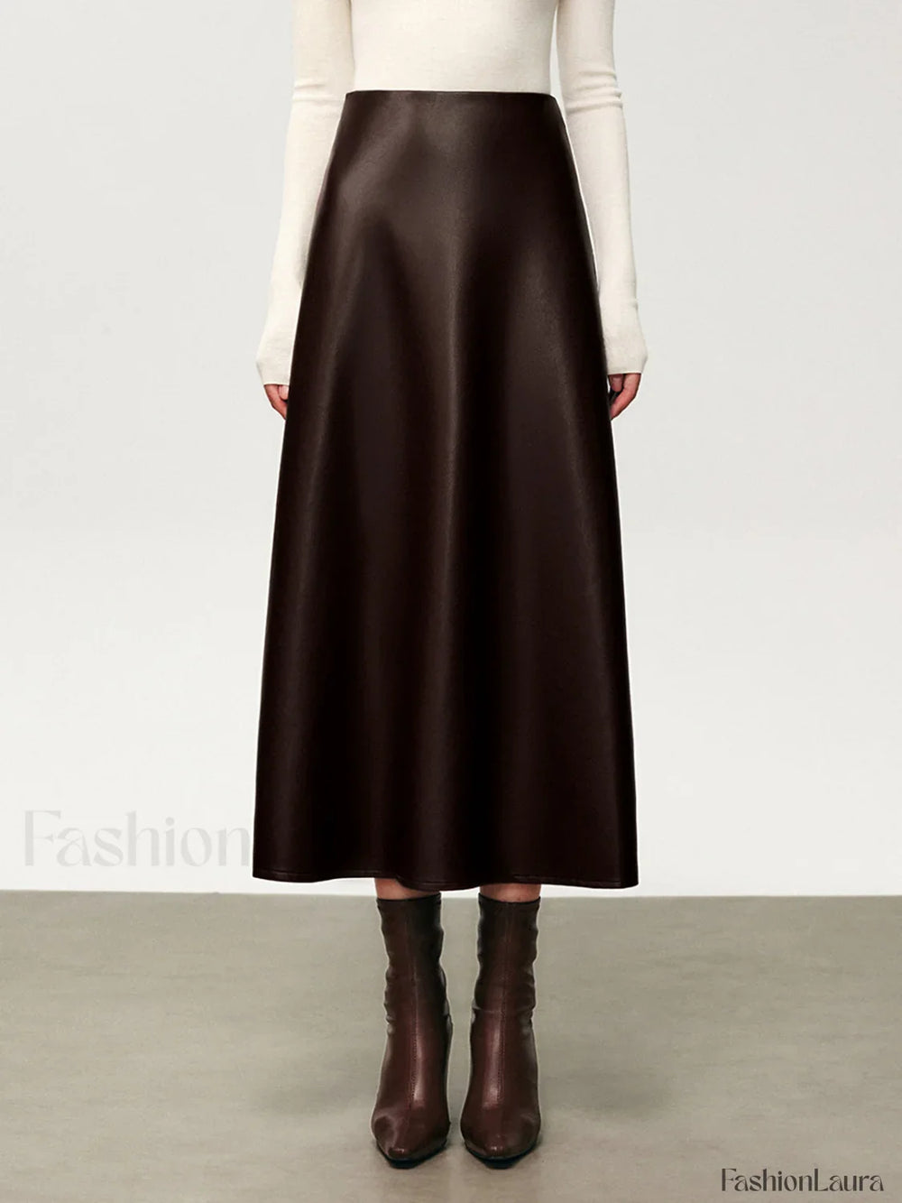 Pleated Faux Graceful Leather Midi Skirt Skirts