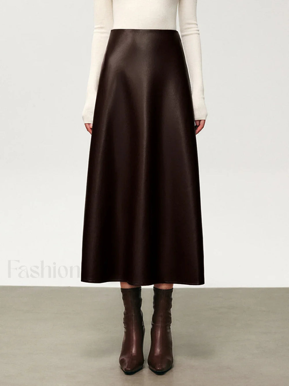 Pleated Faux Graceful Leather Midi Skirt Skirts