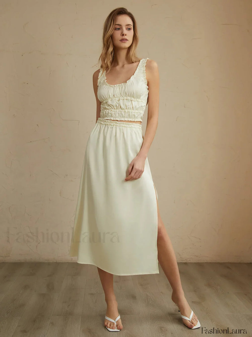 Pleated Lettuce Trim Trendy Split Midi Skirt Yellow / XS Skirts