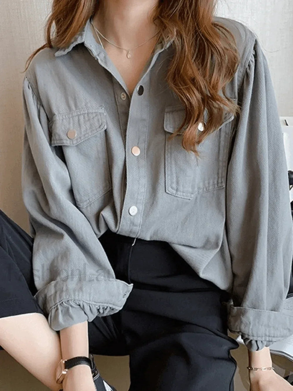Pleated Long Sleeve Blouse Gray / M Shirts