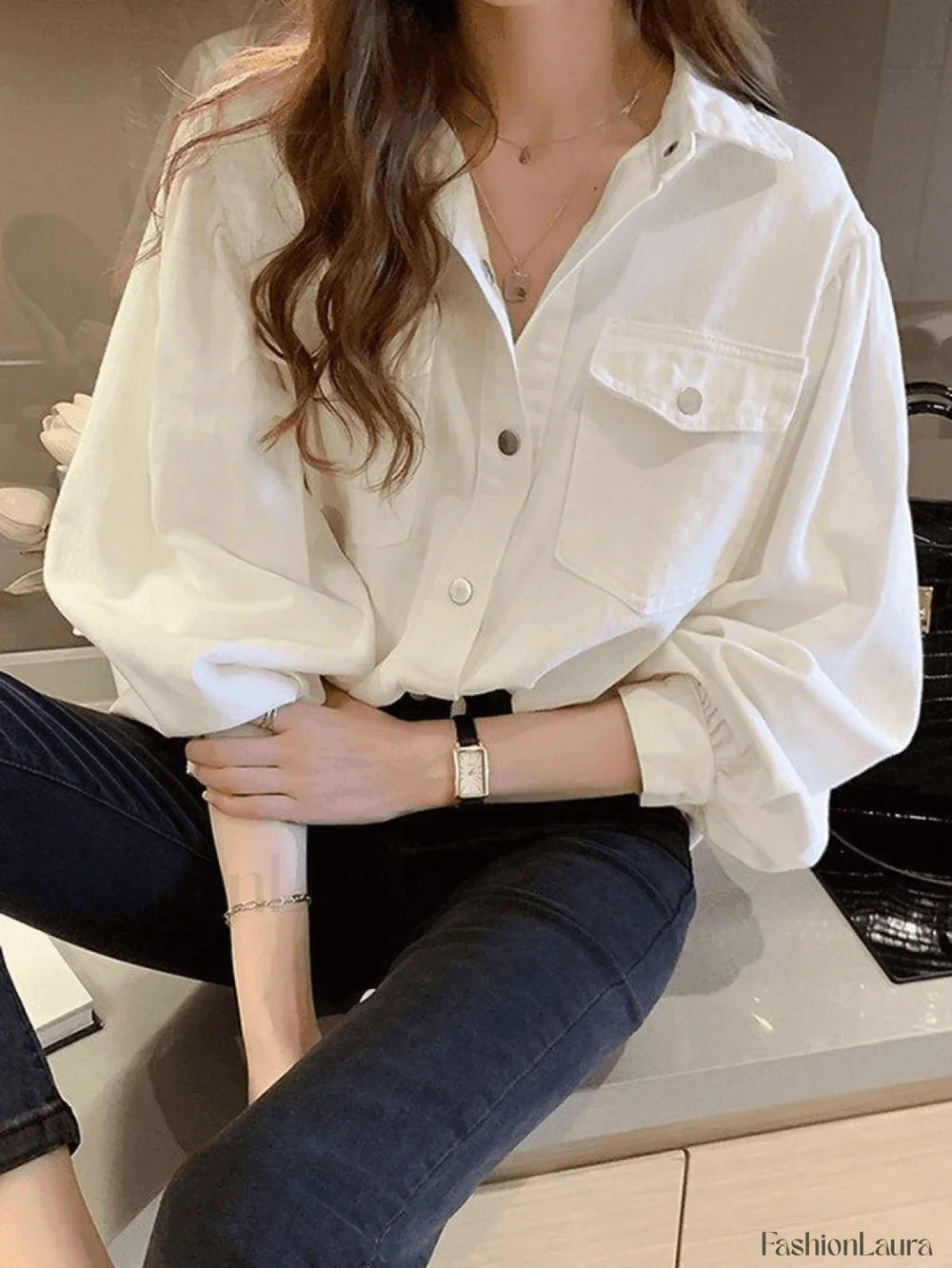 Pleated Long Sleeve Blouse White / M Shirts