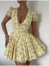 Pleated Puff Sleeve Floral Dress