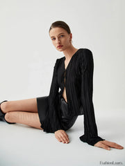 Pleated V neck Ruffle Trendy Long Sleeve Blouse Black / S Blouses