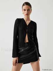 Pleated V neck Ruffle Trendy Long Sleeve Blouse Blouses