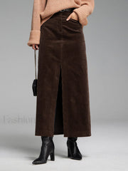 Pockets Corduroy Graceful Slit Maxi Skirt Skirts