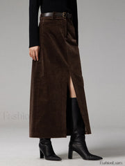 Pockets Corduroy Graceful Slit Maxi Skirt Skirts