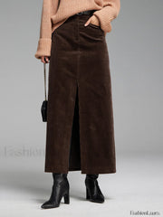 Pockets Corduroy Graceful Slit Maxi Skirt Skirts