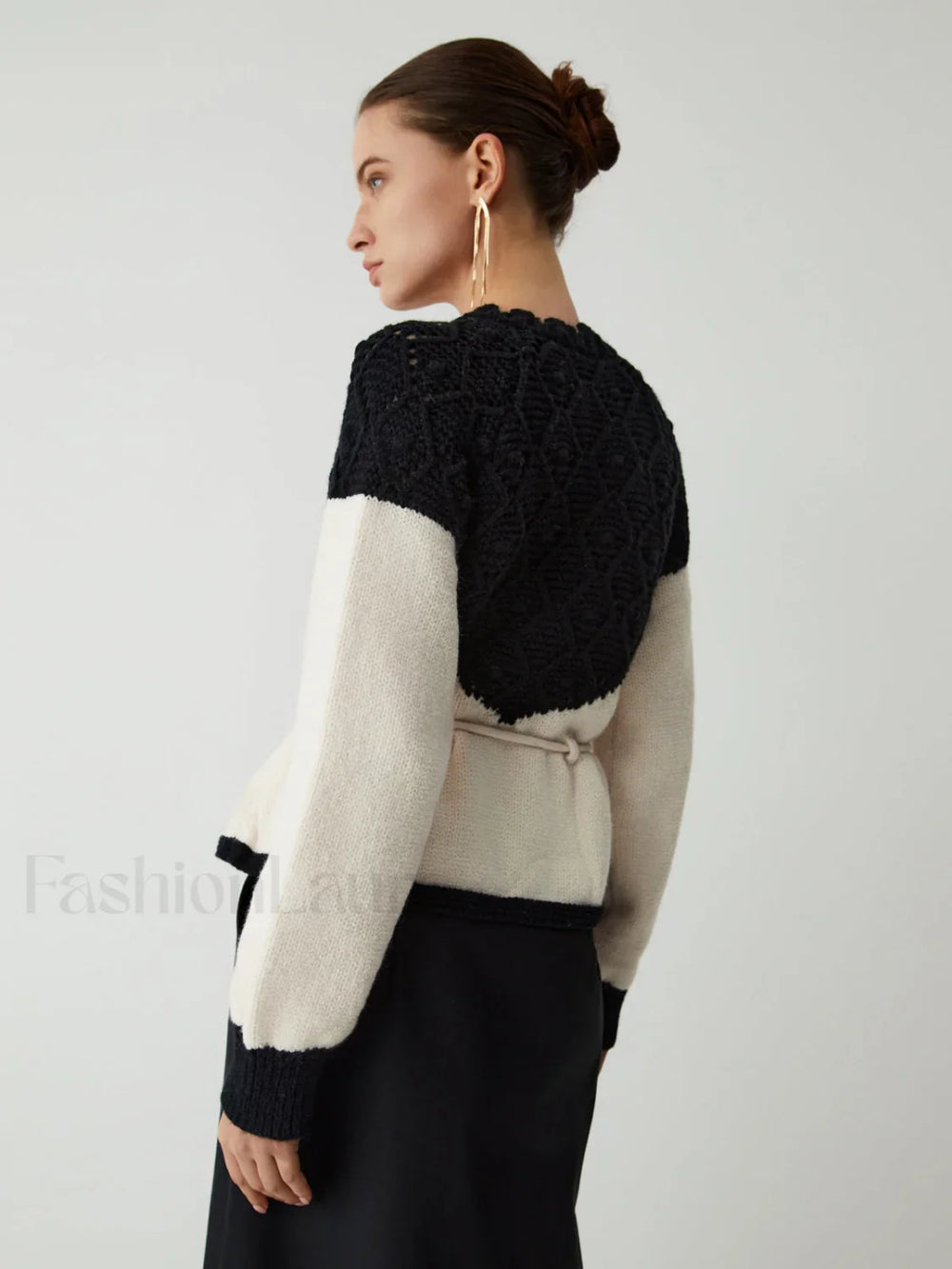 Pointelle Knit Patchwork Trendy Tie Front Sweater Sweaters L