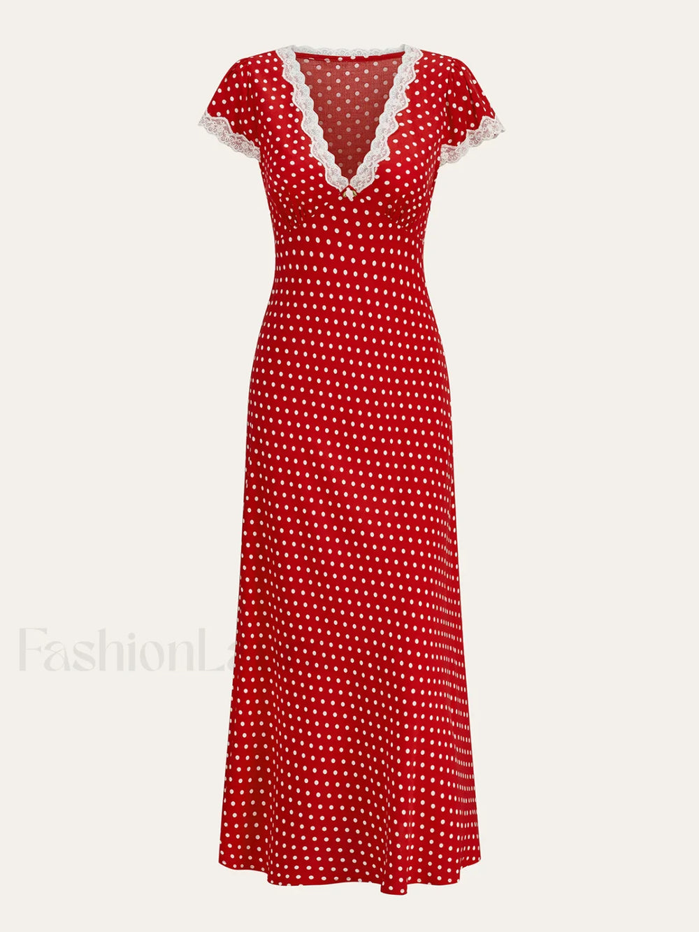 Polka Dot Lace Trim Dress Red / XS Dresses