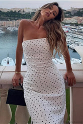 Polka Dot Off Shoulder Strapless Maxi Dress