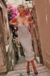 Polka Dot Pleated Slim Waist Strappy Maxi Dress