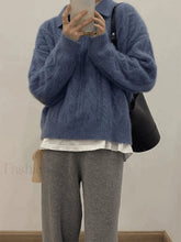 Polo Neck Cable Knit Sweater Blue / ONE SIZE Sweaters