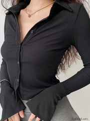 Polo Neck Long Sleeve Rib Blouse Black / S Long Sleeves