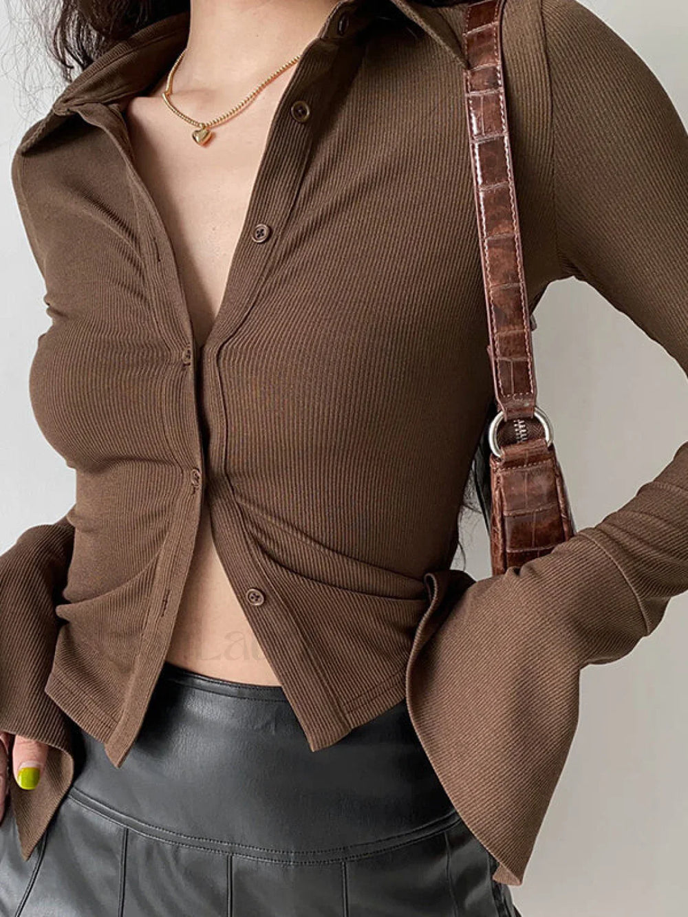 Polo Neck Long Sleeve Rib Blouse Brown / S Long Sleeves