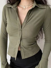 Polo Neck Long Sleeve Rib Blouse Green / S Long Sleeves
