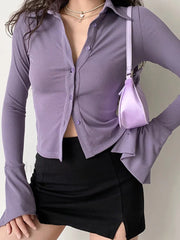 Polo Neck Long Sleeve Rib Blouse Long Sleeves