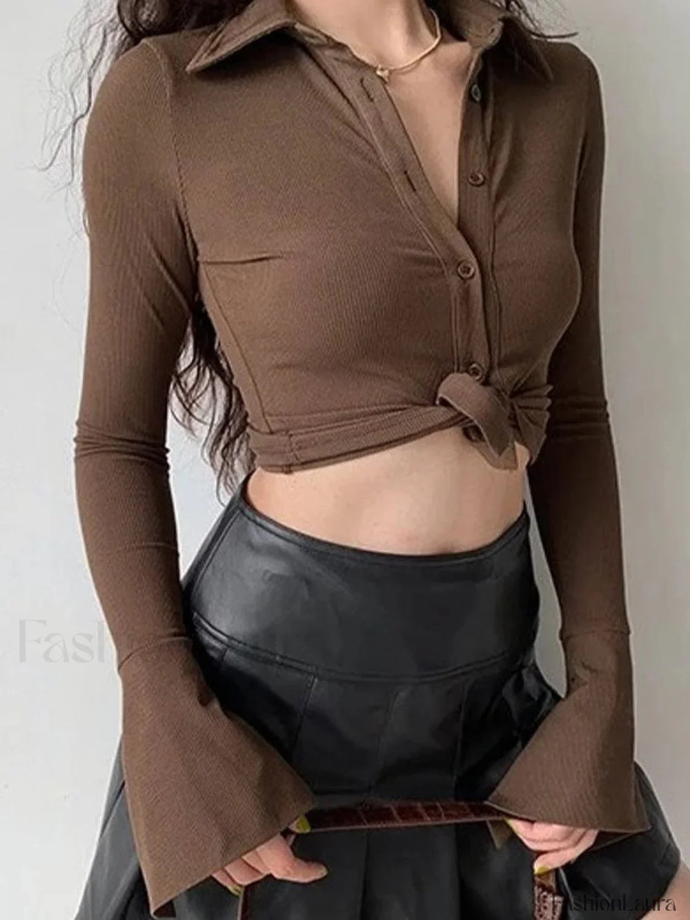 Polo Neck Long Sleeve Rib Blouse Long Sleeves
